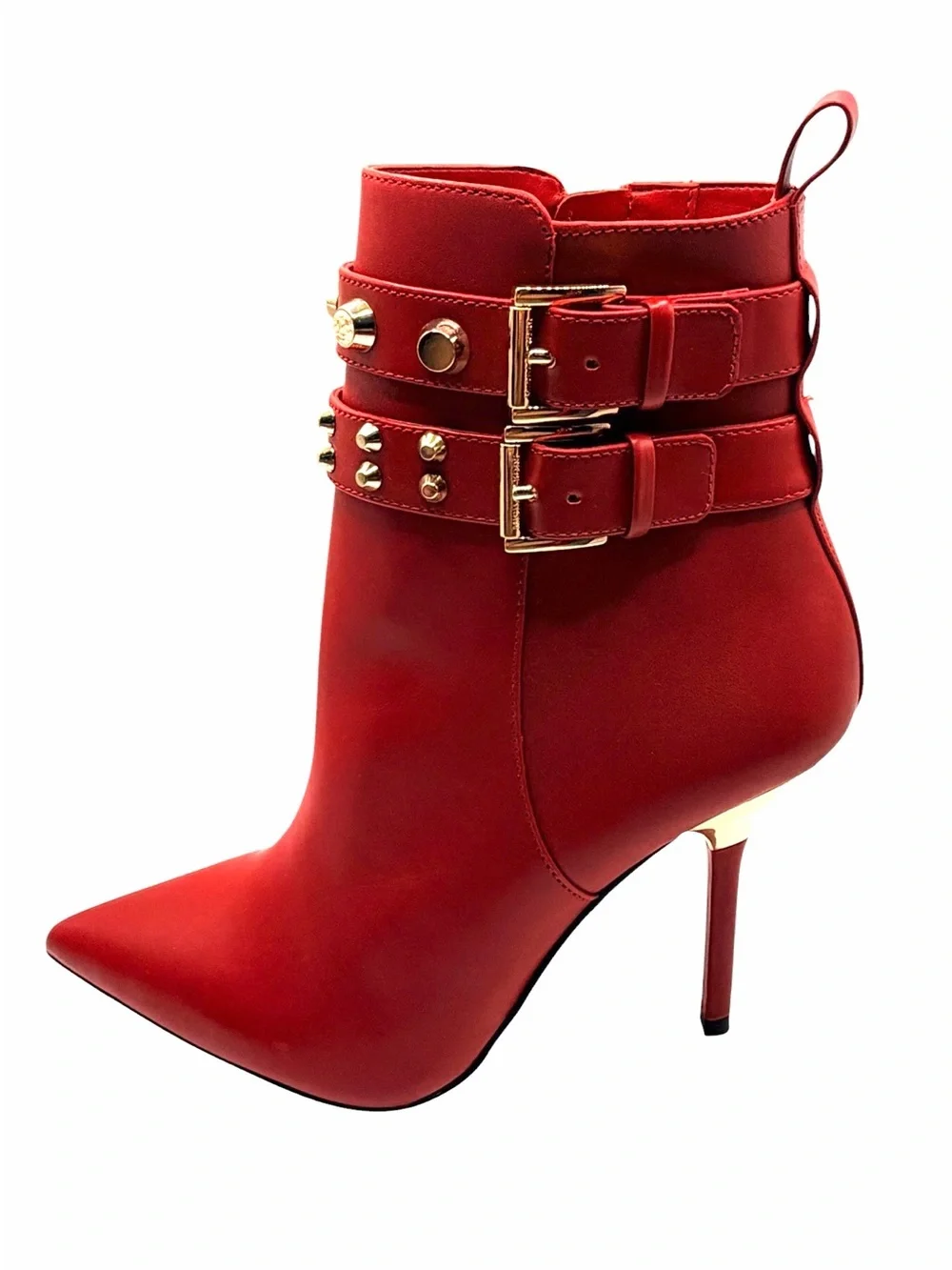 Michael Kors Amal Studded Leather Ankle Boots Crimson Red Gold Studs Stiletto 7M